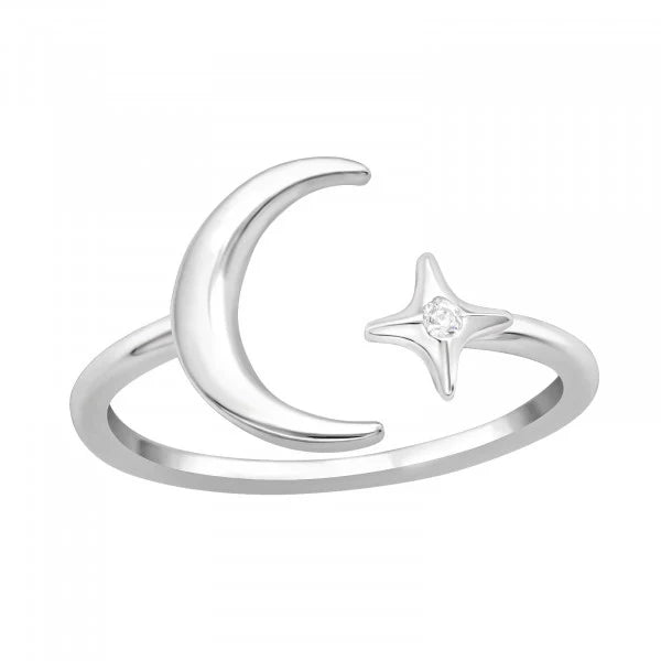 Silver Moon and Star Ring