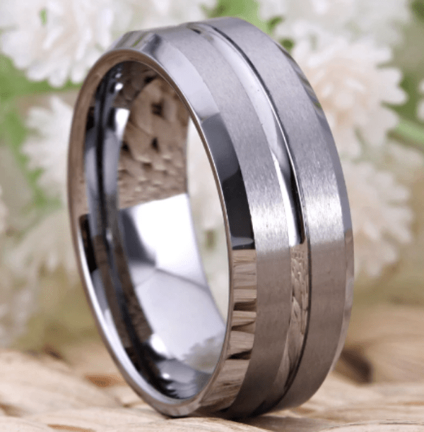 Matte Silver Groove Tungsten Wedding Ring for Men