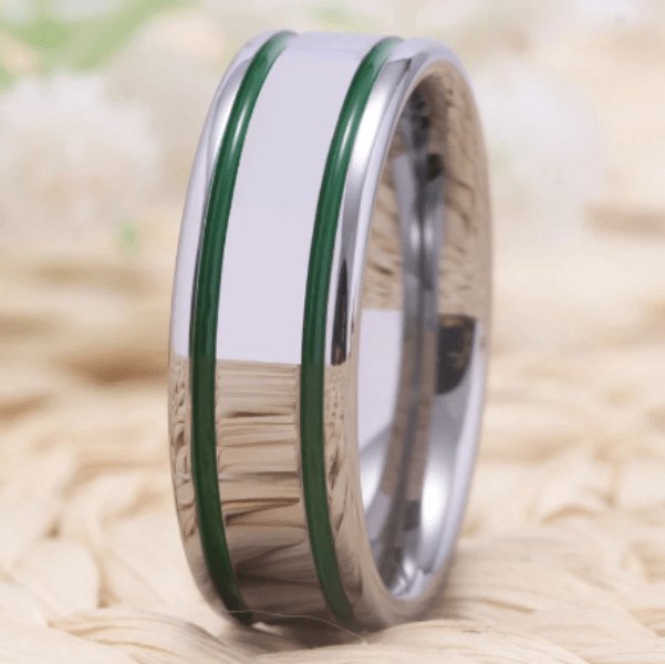 Green Silver Tungsten Wedding Ring  for Men