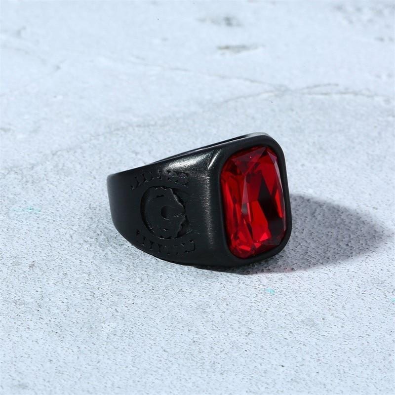 Mens  Black Ring with Red Stone